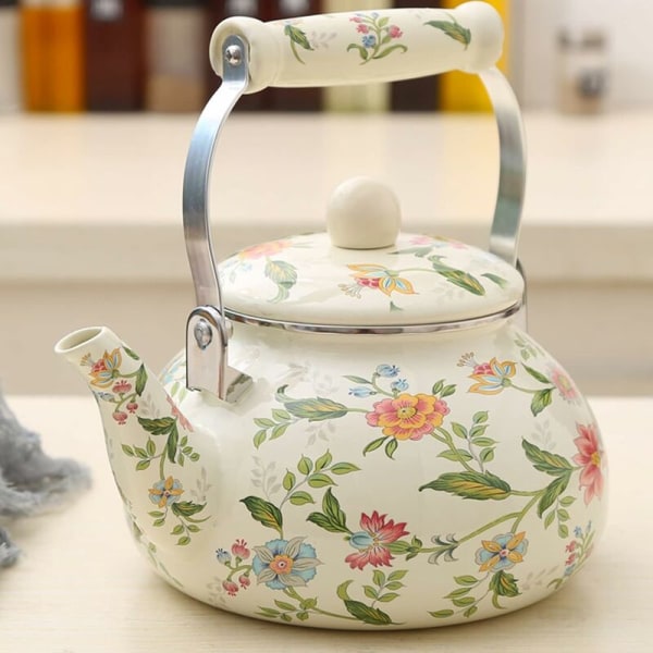 Emaljert induksjonskjele 2,4 L emaljert kanne Vintage tekanne, Keramisk håndtak, induksjonskomfyr, gass, vedovn