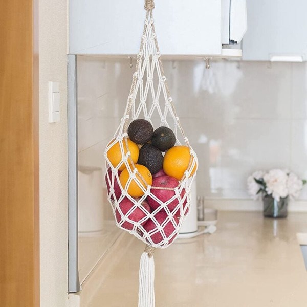 Hängande Macrame Fruktkorg - Boho Korg för Förvaring av Potatis, Lök och Frukt - Boho Väggdekor för Köket