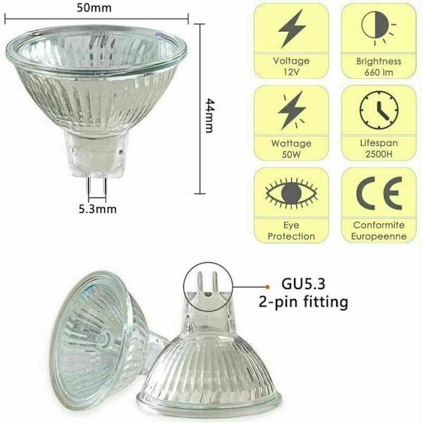 Pakke med 8 12V Halogen Reflektorpærer GU5.3 50W, Dæmpbar Spotlight, MR16 Halogen Spotlys Pære, 660LM, Varmt Hvidt 2700K, 36° Stråle, 2-polet Sockel