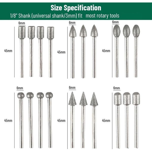 Diamant Burs Sæt, 20 stk. Serie Poleringssæt Roterende Værktøjstilbehør med 1/8 Tommer Skaft til Sten, Keramik