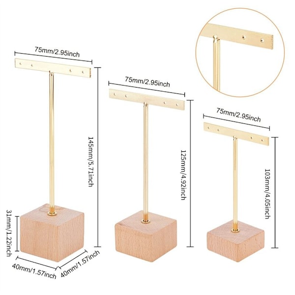 3Pcs Gold Metal Earring Display Stand with Square Wood Base 4 Holes Hanging Holder Organizer