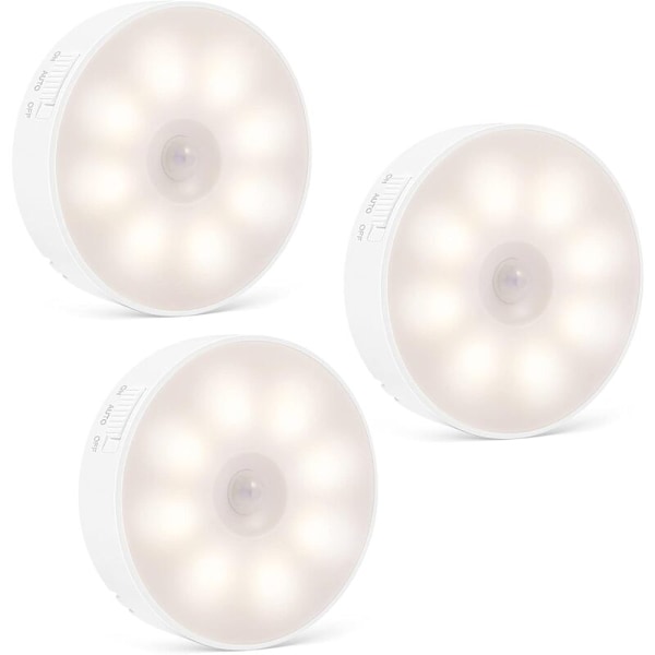 LED-nattlampa, set med 3 LED-rörelsedetektorlampor, USB-uppladdningsbara, automatiska vägglampor med ljussensor för kök, hall, trappor, vardagsrum