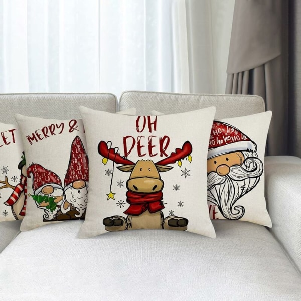 Julepuderbetræk 45x45cm, Sæt af 4 Juledekorationssofaer i Bomuld og Hør Jul til Sofa Seng Soveværelse Stol Have-Retro Jul