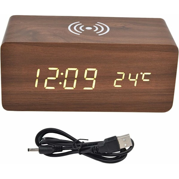 Trä Digital Väckarklocka, Radioväckarklockor 12/24 Timmar LED Elektronisk Klocka med Snabb Trådlös Laddningsstation, Automatisk Temperaturdetektering