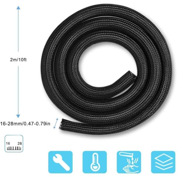 2M Justerbar Kabelhylsa, PET Flätad Kabelhantering Självstängande, Kabelskydd Diameter 16-28mm för TV/Dator/Kontorskablar-2m/6.56f