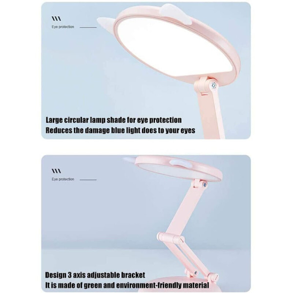 Skrivbordslampa för barnflicka, små rosa LED-ringlampor för hemmakontor, bärbar hopfällbar skrivbordslampa med USB-laddning 4800 MAh