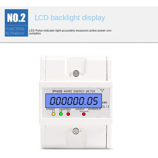 380V 5-80A 3-faset 4-leder DIN-skinne Elektronisk Watt Energimåler Wattmeter KWh LCD med Bakgrunnsbelyst Display