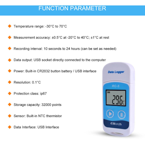 RC-5 Hög precision digital USB temperaturdatalogger för lagerförvaring kyld transport laboratorium
