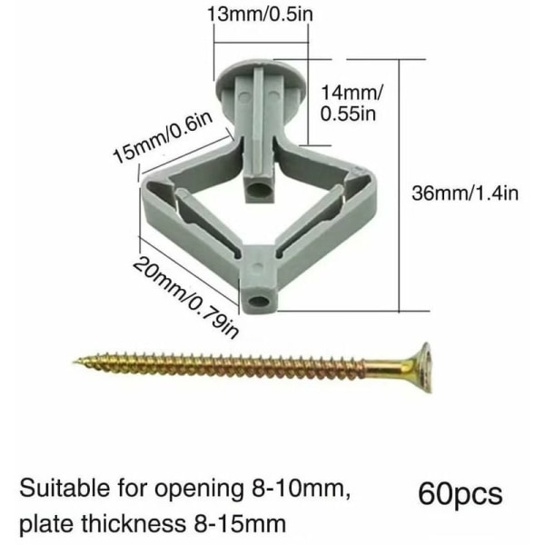 60 styks gipspladedyvler, GU.B/bon dyvler med skruer til gipsplader, gipspladevægbeslag, hulvægsbeslag, til gipspladevæg I