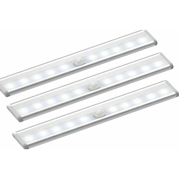 3 Pak 10 LED Trådløse Bevægelsessensor Skablys Batteridrevet, LED Skabslys med Magnetisk Bånd til Skab, Trappe, Skuffe, Gang