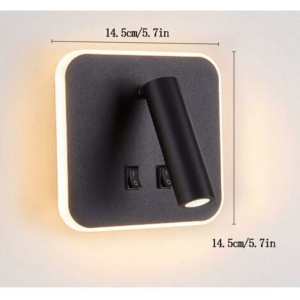 LED-sengelampe til indendørs brug, hotelvæglampe, sengelampe til væg, korridorvæglampe med afbryder, sort, 3W + 10W (firkantet)
