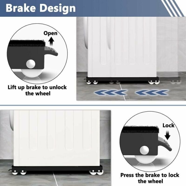 Tvättmaskinsbas med broms, justerbar mobil bas för tvättmaskin, torktumlare, kylskåp, belastning 300 kg, svart-