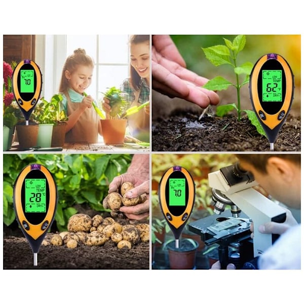 4 i 1 Jordprøveapparat til pH, Lys, Fugtighed og Temperatur, Jordprøveapparat til Planter, Have, Farm, Indendørs, Udendørs (Ingen Batterier)