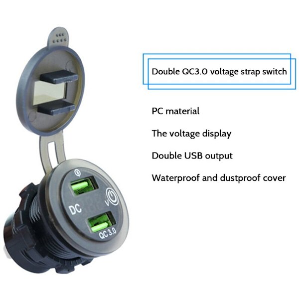 Dual Port USB-billader for biluttak QC3.0 12V/24V ladeadapter med LED digital voltmeter berøringssvitsj A