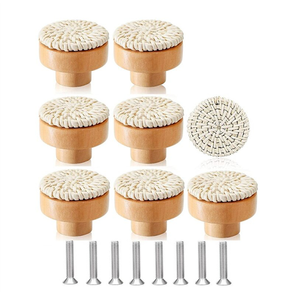 8 stk Boho Rattan Kommode Knotter Tre Skuff Knotter Håndlaget Vevd Kurv Knotter Trekk Håndtak for Skap Hjemmedekor