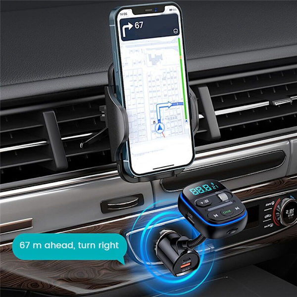 Bluetooth FM-sender til bil, Louder HiFi Bass-mikrofon, 30W PD + QC-adapter 3.0 med 7 farver LED
