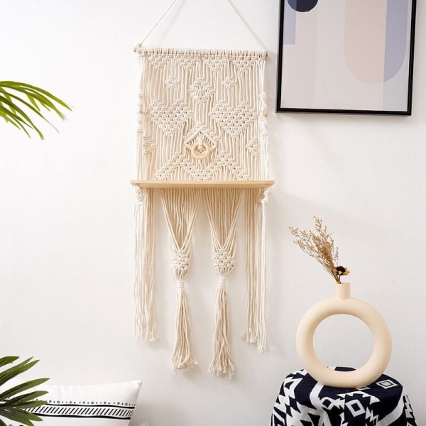 Macrame Vägghylla, Flytande Trä Hängande Förvaringshylla Växthållare Hylla Bohemisk Väggdekor