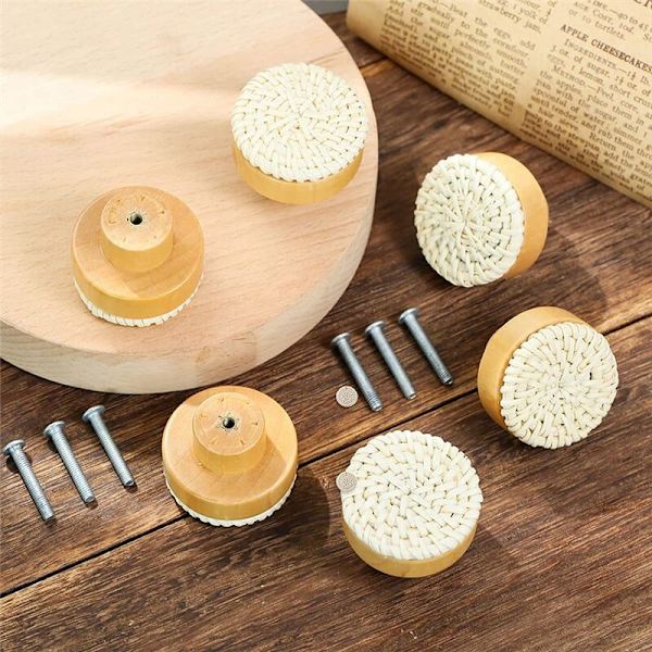 8 stk Boho Rattan Kommode Knotter Tre Skuff Knotter Håndlaget Vevd Kurv Knotter Trekk Håndtak for Skap Hjemmedekor