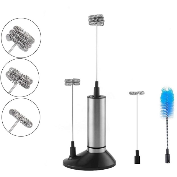 Handhållen mjölkskummare, Batteridriven Visp, Elektrisk Skummare med Rostfritt Stål Visp Inkluderar 3x Vispar, Förvaringshållare och Borste