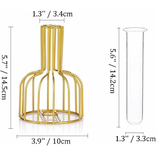 Glasförökningsstation med metallram, set med 2 guldblomvaser, provrörsvas för hydroponiska växter, liten knoppvas för hem, kök och kontor