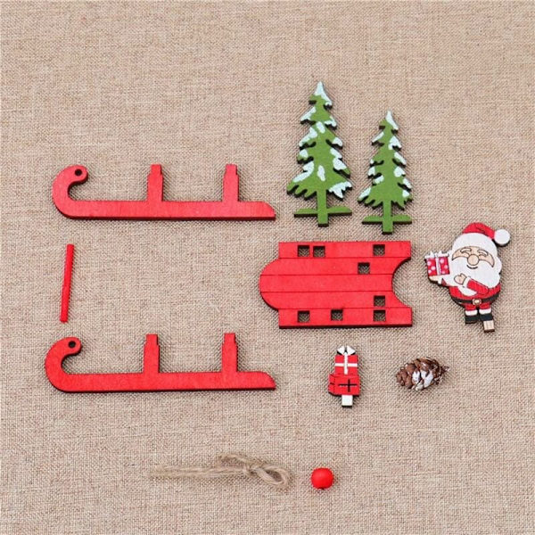 Julgransdekorationer i släde, Tomte Snögubbe Älg Bordsprydnad, Miniatyr Träleksak, Julleksaker för Barn, Sagoskog Ornament Kit (3 st)