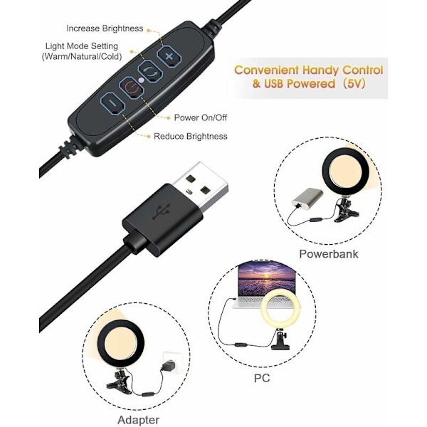 Kannettavan tietokoneen rengasvalo, 6,3 tuuman LED-kokousvalo klipsillä, rengasvalo 3 valaistustilalla videokokousvalona TikTok-videoille, YouTube-vlogille, meikille ja itsekuville