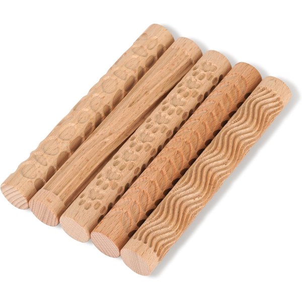 5 delar trähandtag keramik verktyg lera modellering mönster roller set brun