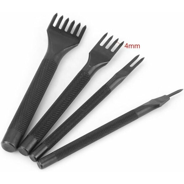 4 stk skinnhullverktøy for hulling, hulling med pigger, perforering av skinn, håndverktøy for hulling av klør (1+2+4+6 tenner)