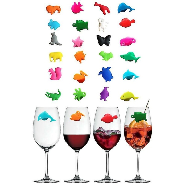 24-pak silikone vinglasmarkører med marine landdyr og drikkeglas charms, identifikationsetiketter, kopmærker, skilte til drikkevaretilbehør