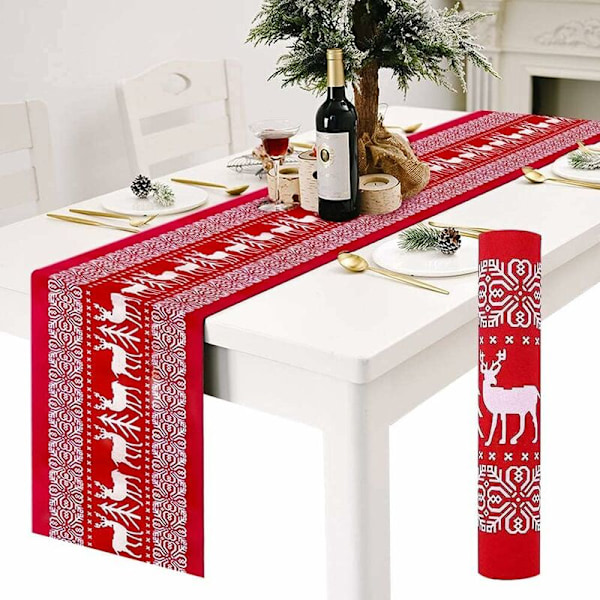 Julebordløber, rød linnedbordløber med hvidt rensdyrsdesign, skridsikker, 11\" x 108\"
