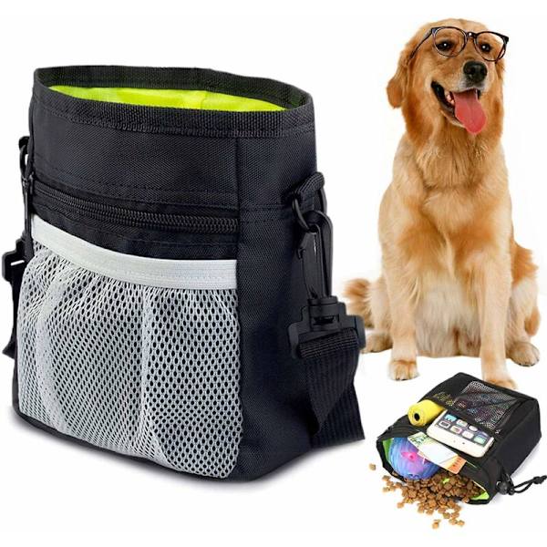 Hundgodisväska, Hundträningsväska, Bärbar Justerbar Midjeväska Axelrem, med Poop Bag Dispenser, för att bära leksaker och godis (Svart) -