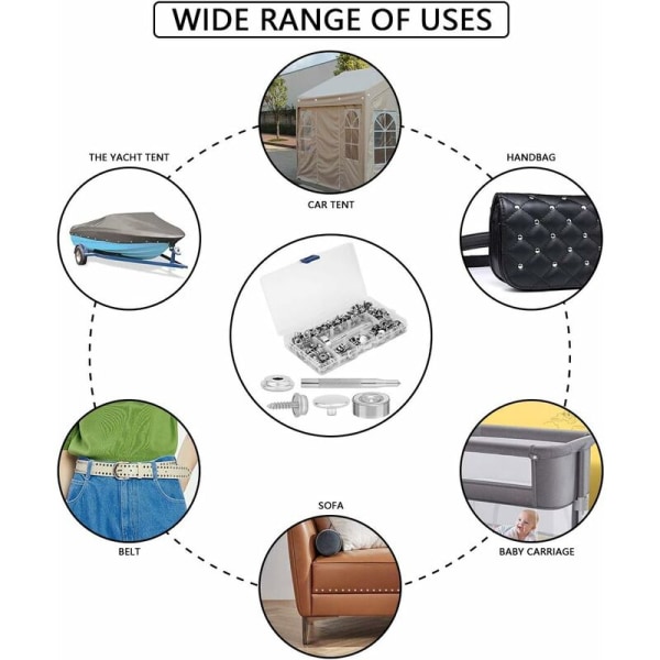 50-pack rostfria tryckknappar i marin kvalitet med 2 monteringsverktyg (10 mm), tryckknappar, presenningknappar, metallknappar, presenningsskruvar, stålp