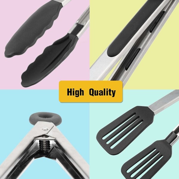 Rostfritt Stål Grilltång Set 22cm Silikon Köks Tång med Säkerhetsklämma Korvtång Serveringstång Multifunktionell Tång Grillbestick Icke-