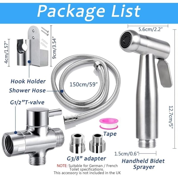 Toaletthanddusch Komplett Set - Toaletthanddusch Set med 3-vägsventil (1/2\"-3/8\") I Standardstorlekar Frankrike (Silver)