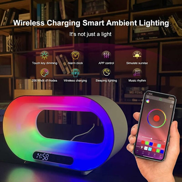 Yövalo langattomalla latauksella, Bluetooth-kaiutin herätyskellolla, soikea langaton lataus, USB-C-liitäntäinen tunnelmavalo, himmennettävä LED-pöytälamppu