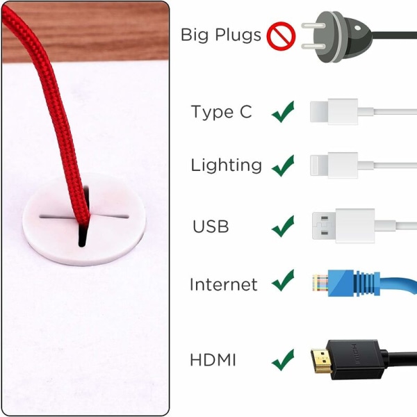 6 stk. fleksible silikonekabel-snørebøsninger, hvide gummibøsninger, kabeltrådhulsdæksel til hjemmekontor