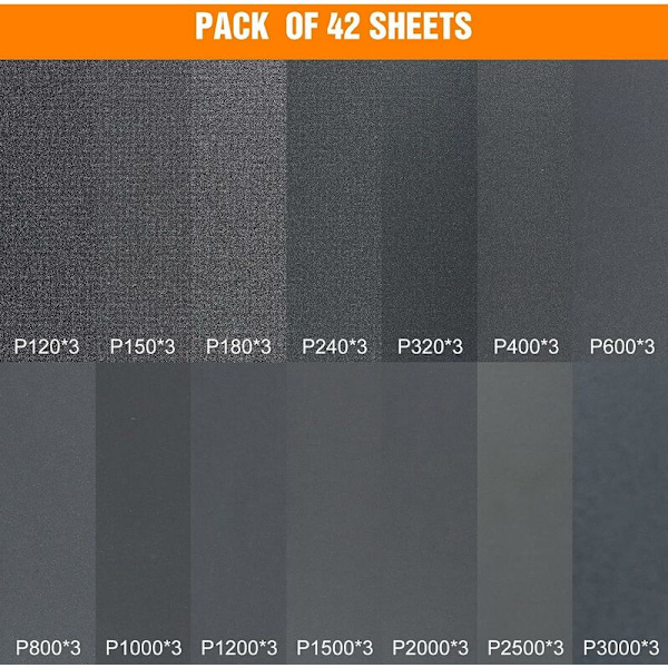 Hiekkapaperi, 120 - 3000 Grit Vesi/Kuiva Hiekkapaperi 9 x 3,6 Tuumaa, Käytetään Metallin, Puun, Autojen Kiillotukseen, Märkä (42 Paperia)