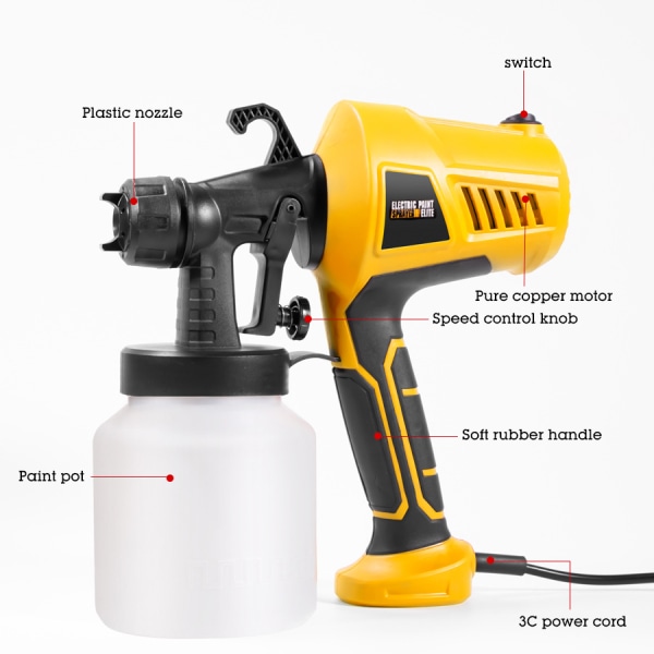 Høyeffekt automatisk spraypistol 500W høytrykks elektrisk spraymalingspistol hjemmeforstøvning bærbar veggspraymaling (gul)