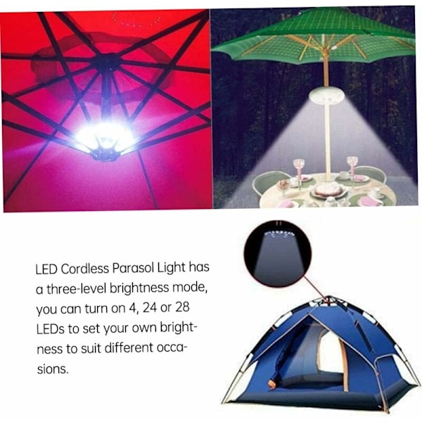 Parasol Lys, Trådløs LED Terrasseparasol Lys 3-Niveau Dæmpning Ledningsfri LED Parasol Lampe med 28 Super Lyse LED'er til Camping Land Telte