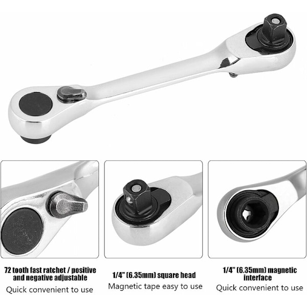 Mini kaksoispää räikkäavain 1/4\", 72-hampainen hylsy ja ruuvimeisselin kärki, pikavapautus räikkäavain (108mm)