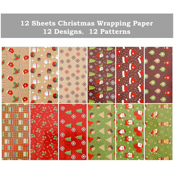 12-pack presentpapper, för jul- och födelsedagsförpackningar, presentpapper