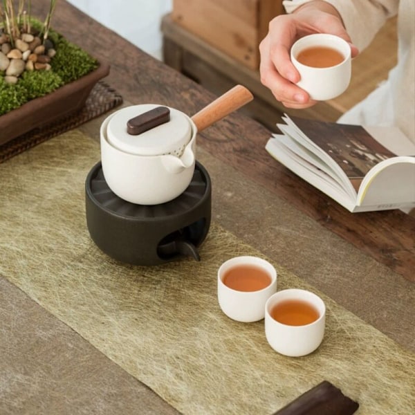Keramisk Tekande Varmer med Ske Kaffe og Te Varmer med Lysestage til Opvarmning Kaffe Tekande Varmer (Sort)