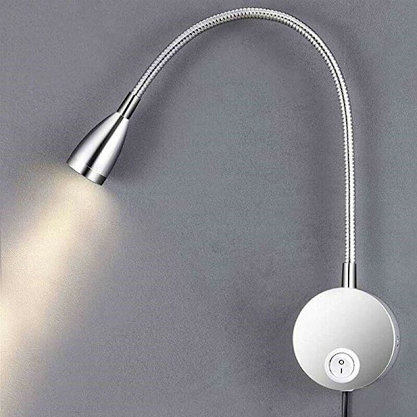 3W Fleksibel Veggleselamp med Europeisk Plugg og Bryter, Vegglampe for Lesing, Bøker, Hodegavl, Soverom (2 Enheter, Varmt Lys)