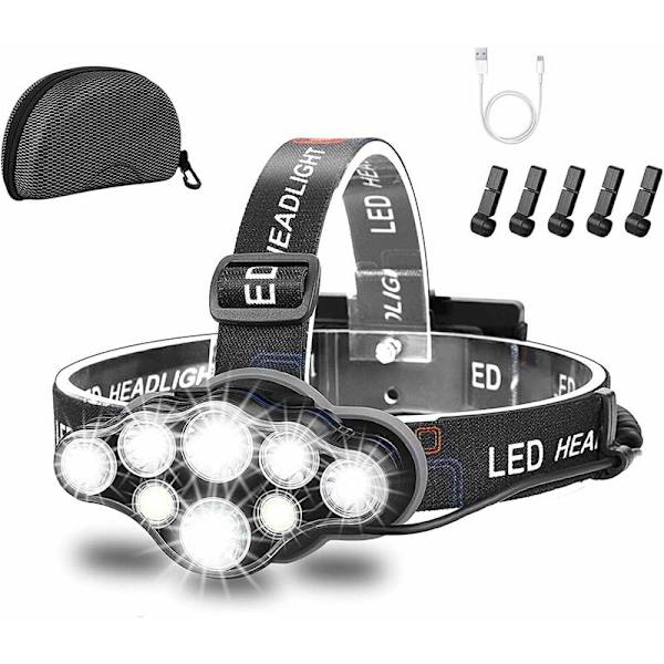 Hodelykt, Super Bright 18000 Lumen 8 LED Hodelykt, USB Oppladbar Vanntett Justerbar for Camping, Fiske, Hule, Jogging og Fotturer-Sunny