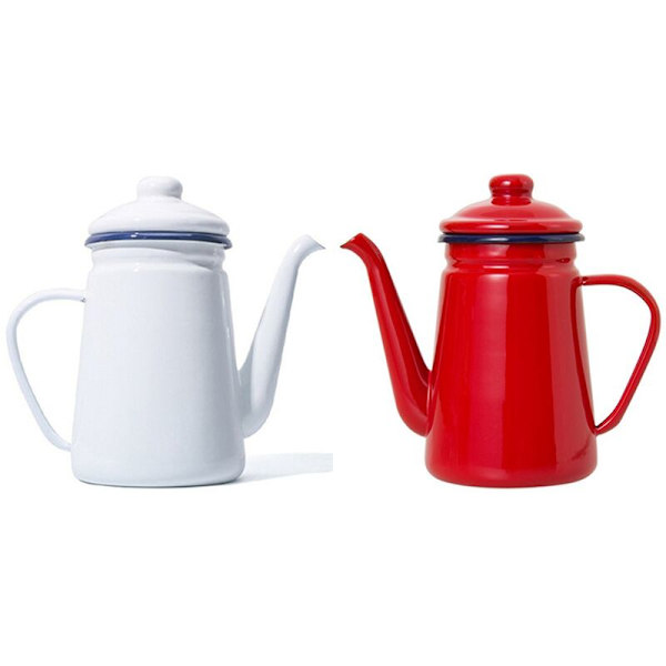 2X Kande 1.1L Premium Emalleret Kaffe Hæld Over Mælkepulver Kande Barista Tekande til Gasskomfur og Induktionsplade, Rød
