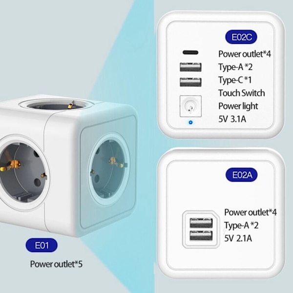 Europæisk smart stikkontakt-adapter med overspændingsbeskyttelse, firkantet forlænger stikkontakt, E01-EU stikkontakt