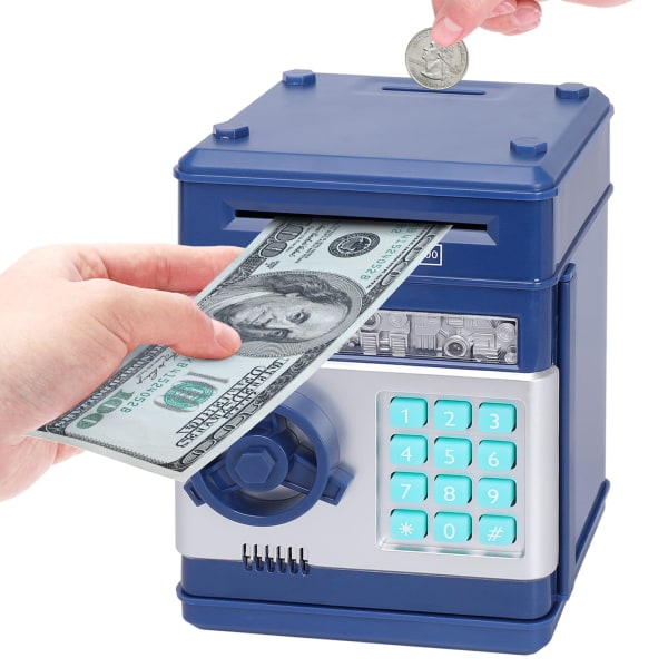 Spargris til drenge og piger, elektronisk møntsparegrise med adgangskodebeskyttelse, pengeautomat til sparesedler til sparekasse (mørkeblå)