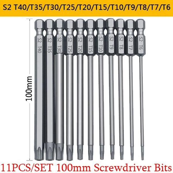 12 st/set 1/4 tum sexkantsfäste och L-nyckelsats T6-T40 3 tum längd S2 stål Torx huvud skruvmejsel borrbitar