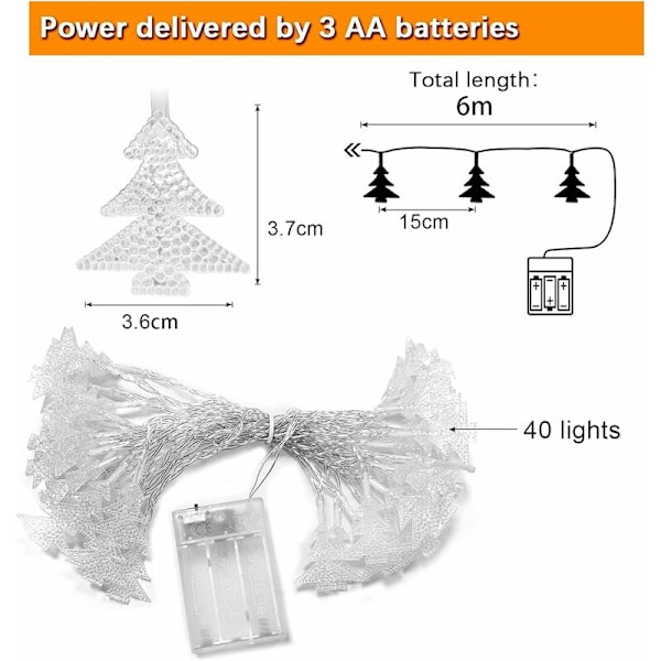 Tähtivalosarja, 6m 40 LED-valosarja, Joulu LED-valosarja, LED-verhovalot, Sisätilojen valosarja, Koriste jouluun (Valkoinen)