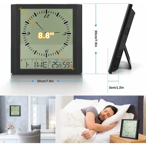 Digitalt vækkeur til soveværelse 22,4 cm LED lydløs ikke-tikkende analog vægur med snooze, fugtighed, temperatur, kraftigt elektrisk sengebordsuhr-